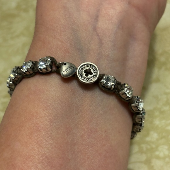 Fossil Silver Tone Brown Leather Wrapped Crystal Button Bracelet 7-1/2” - Picture 2 of 7